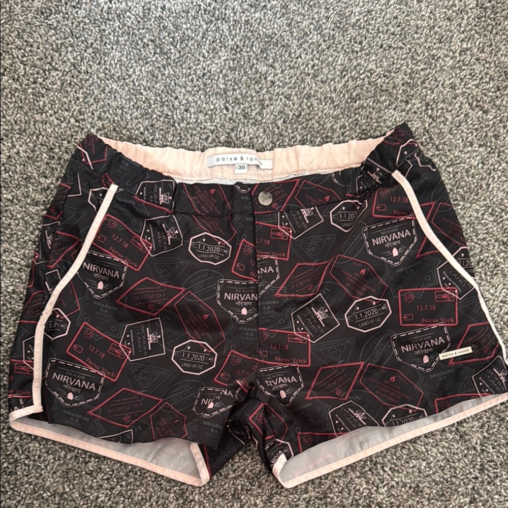 Parke & Ronen Black Swim Trunks with Geometric Pattern